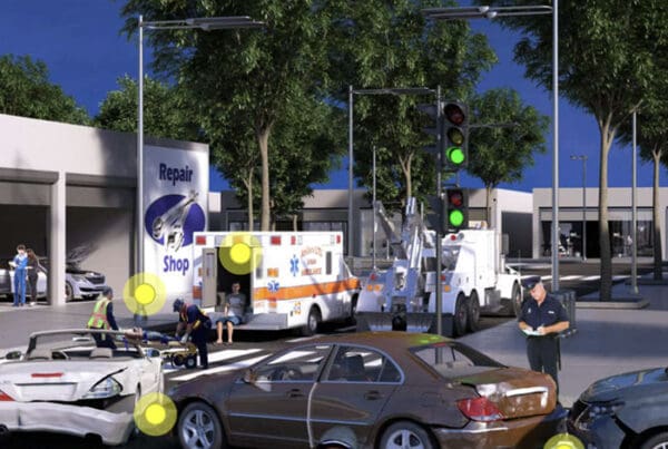 Clickable Coverage - Auto Insurance Scene with a Three Car Accident in a Intersection